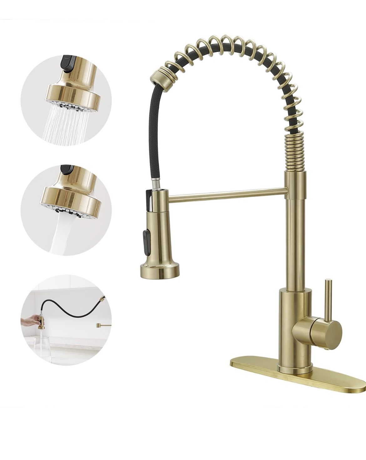 Kitchen Faucets with Pull Out Sprayer Commercial Spring Sink Faucet Stainless Steel Brushed Gold Pull Down Single Handle Farmhouse faucets with Deck P