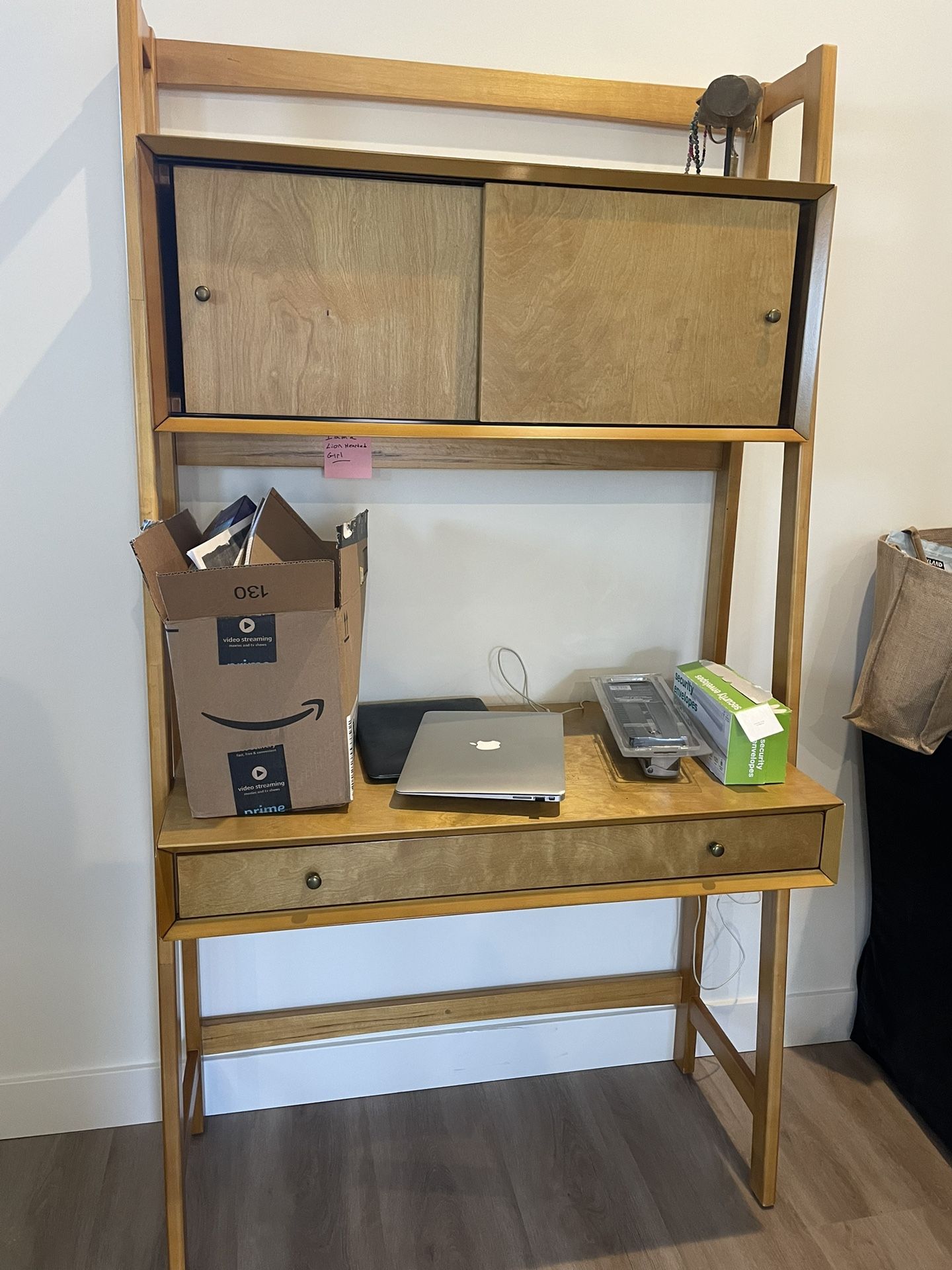 Wood Desk, Low Profile, Modern, Upper Cabinet