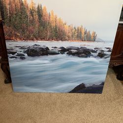 Almost 4 Ft Square Canvas Wrapped Forest & River W/ Water Crashing Over Rocks. Various Color Tones Print.