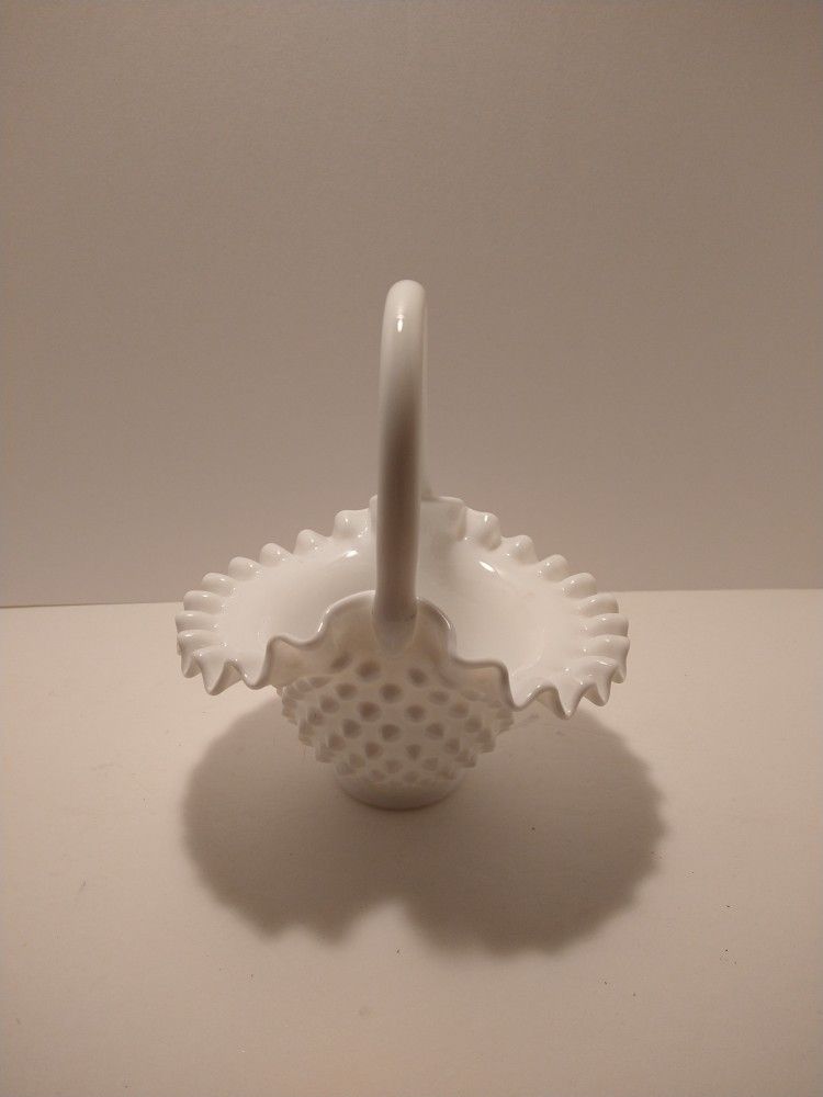 Vintage Fenton Small Milk Glass Hobnail Glass Basket