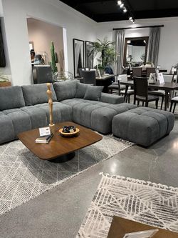 Midcentury inspired 2Pc grey Sectional Sofa w/rounded arms designed for relaxed lounging