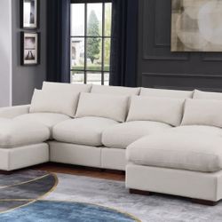 Large Beige Sectional Sofa with Chaise + Ottoman – 123” Modular Couch