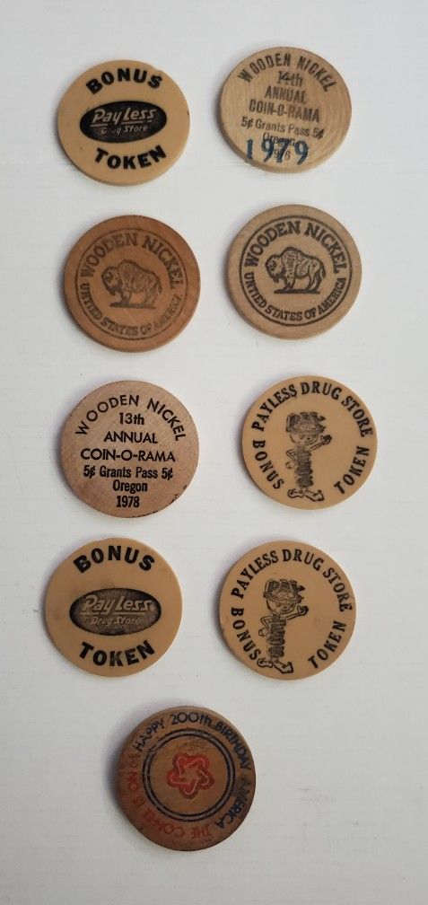Vintage Wooden Nickles, PayLess Bonus Tokens