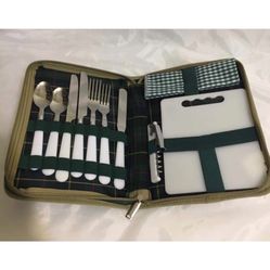 Tartan Plaid Packable Compact Picnic Set Knives Forks Spoons Wine Opener Napkins