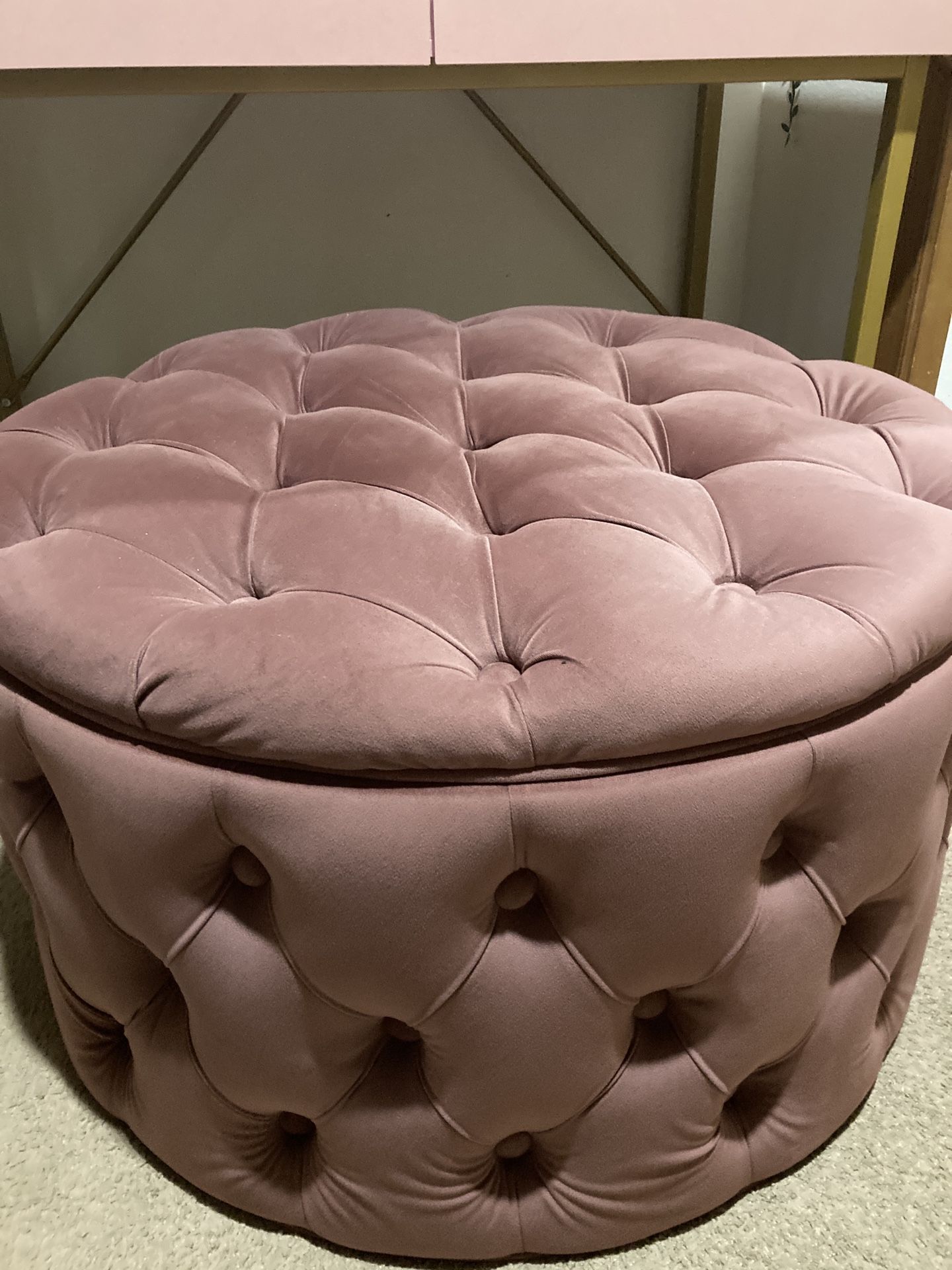 Plush pink velvet ottoman or vanity chair with storage inside