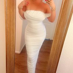 Long white mesh off shoulder dress