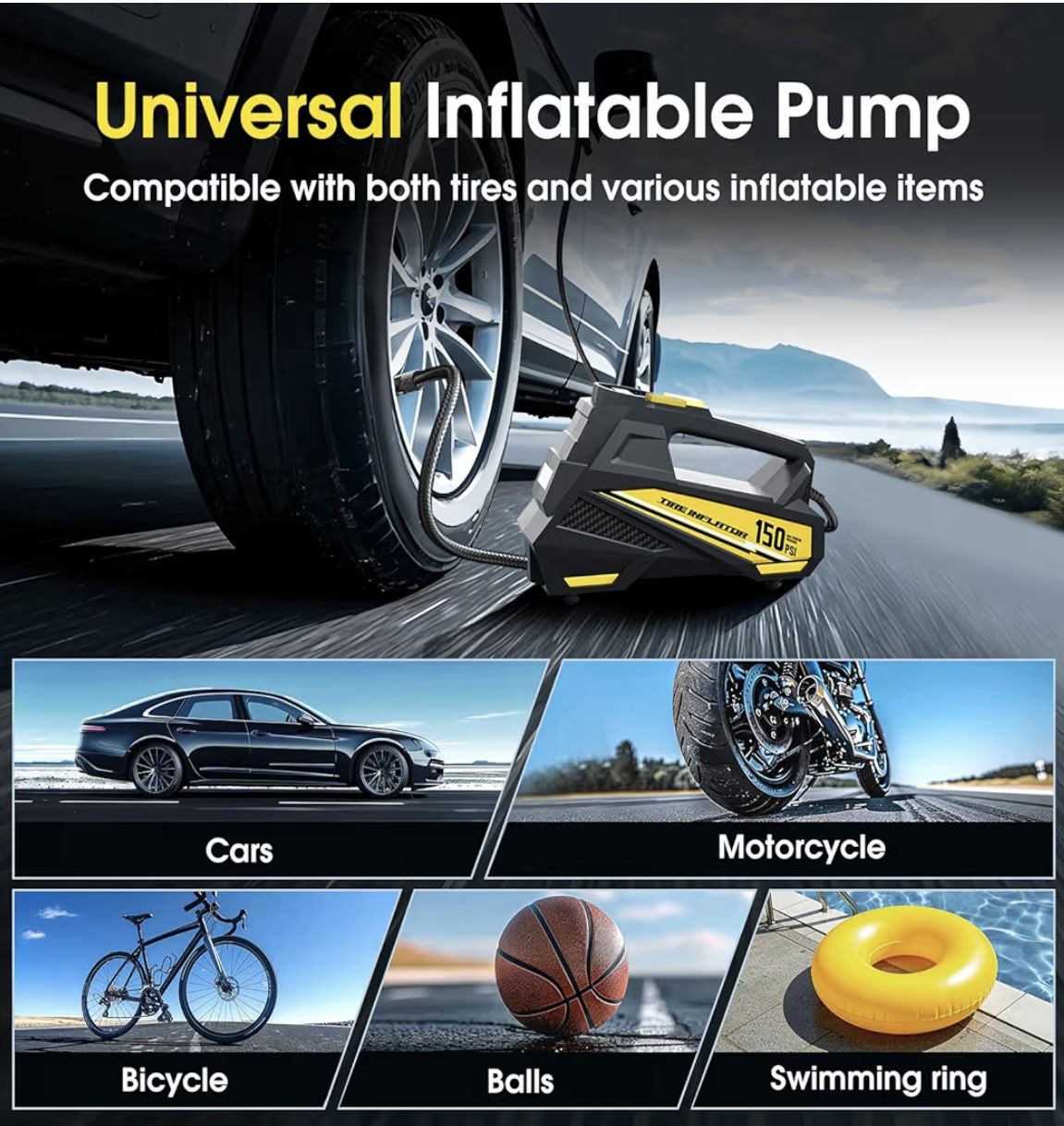 12V Portable Air Pump – Car, Bike, Motorcycle & Sports Balls Inflator