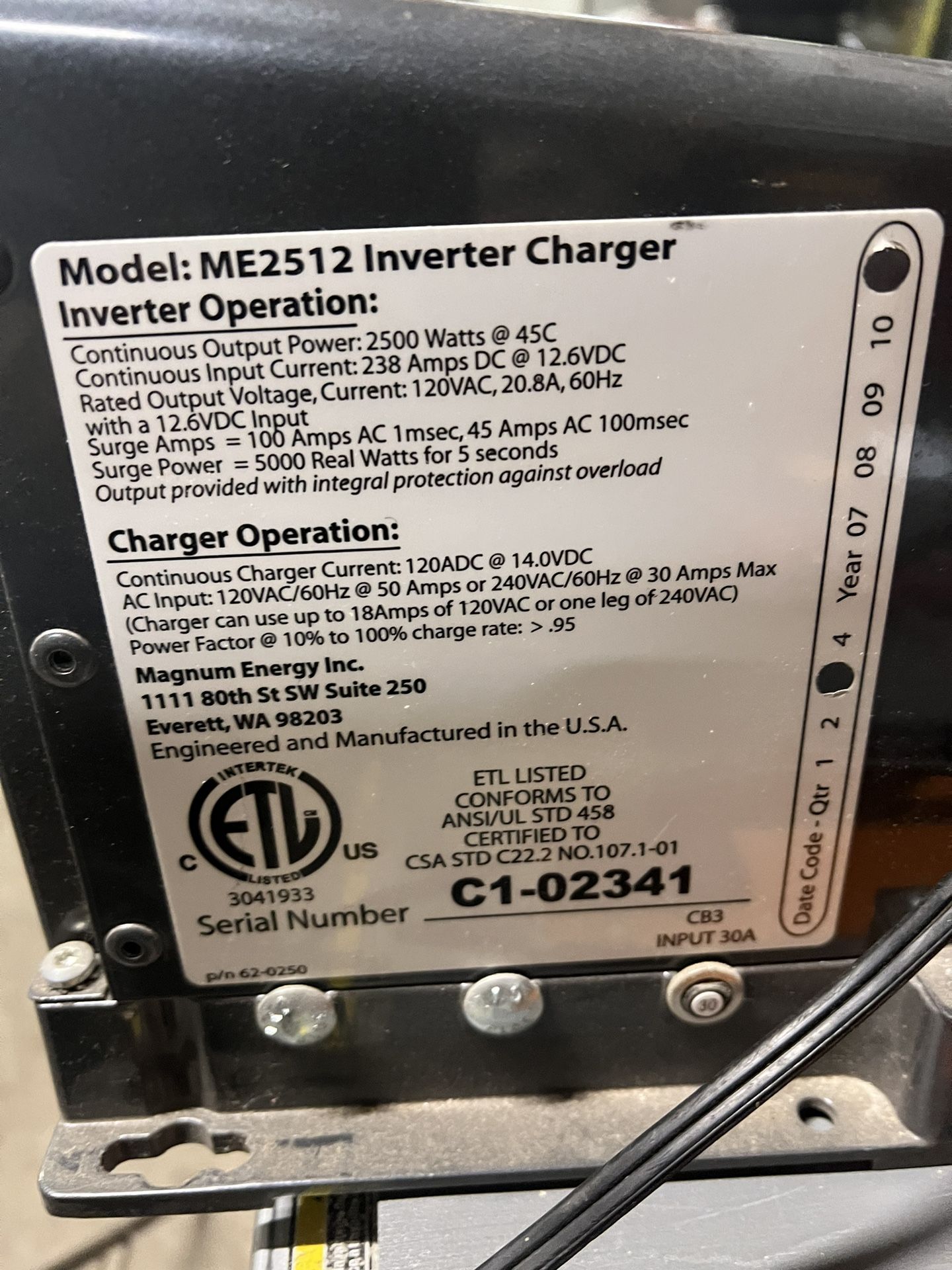 Magnum 2500 watt RV inverter/charger