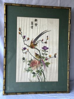 Chinese Silk Art With Birds, Large Bamboo Frame Micro Needlepoint, Large  Tropical Wall Decor