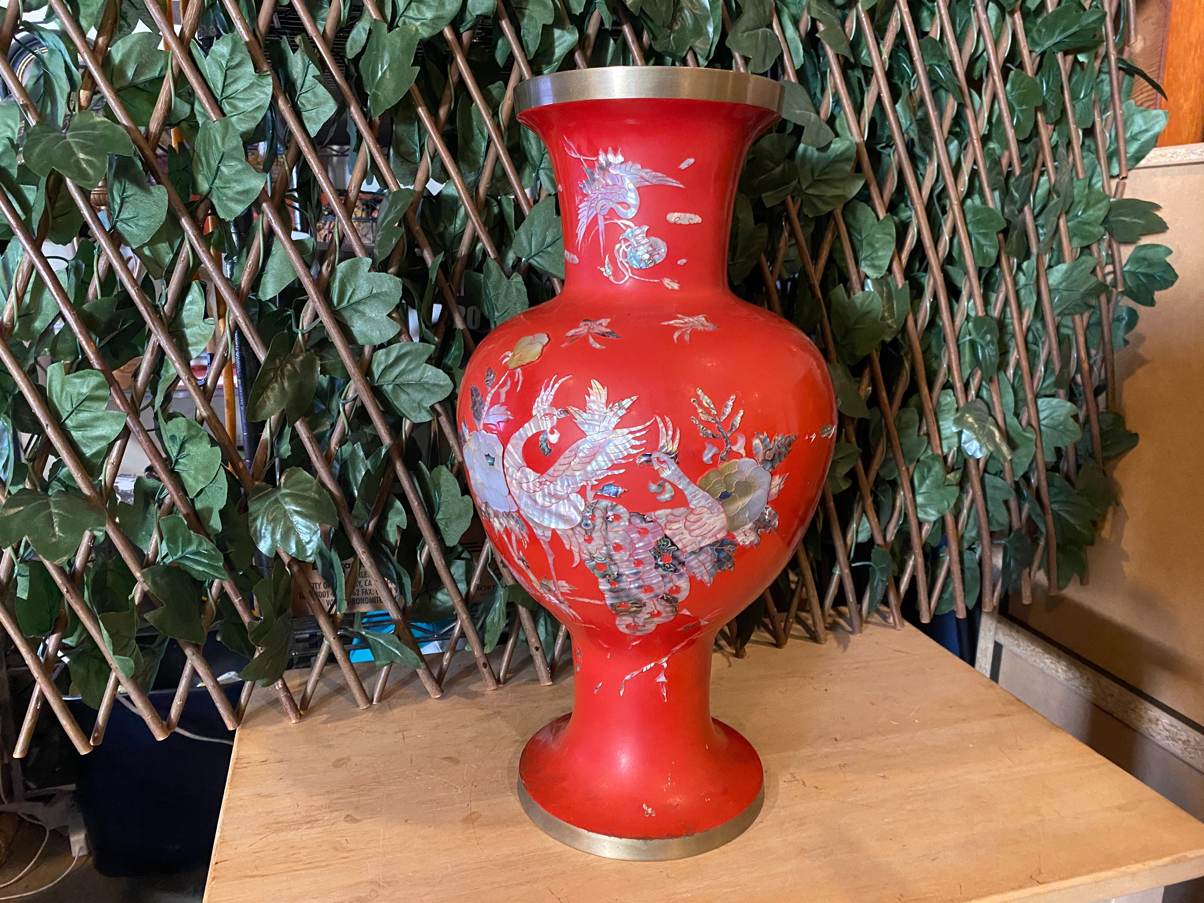 Red Enamel Over Brass with Mother of Pearl Peacock Design