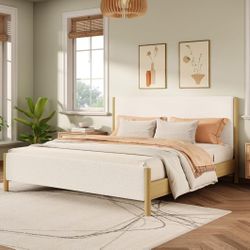 Queen Natural White Cozy Boucle Bed + Medium Firm Mattress 