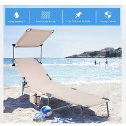 Costway Foldable Lounge Chair Adjustable Outdoor Beach Patio Pool Recliner W/Sun Shade Beige