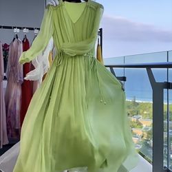 Women's peppermint green XL tea break French chiffon dress Women's spring Autumn 2024 new temperament high-end A-line long-sleeved MIDI skirt, elegant