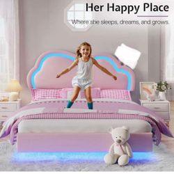 NEW - LED Full Bed Frame for Girls Teddy Floating Bed with Cute Cloud Headboard, No Box Spring