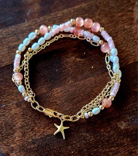 Peach Moonstone Gold Sea Star Bracelet