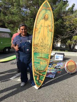 Surfboard for Jesus. Jesus is a surfer