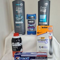 Dove Men Bodywash, Bic Razors, Gillette Deodorant & Shave Gel + Crest