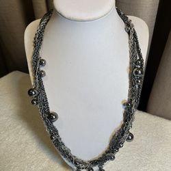 6 Strand Chain Link And Beads Necklace Black & Silver Tones