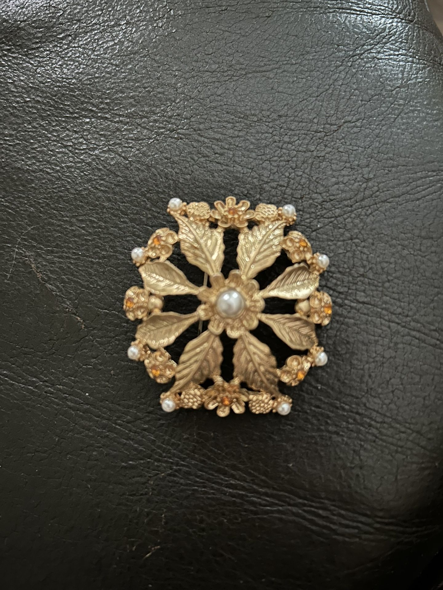 Vintage Flower Brooch With Faux Pearls And Amber Crystals