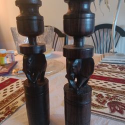 Vintage African Hand Carved Elephant Hard Wood Candle Holders