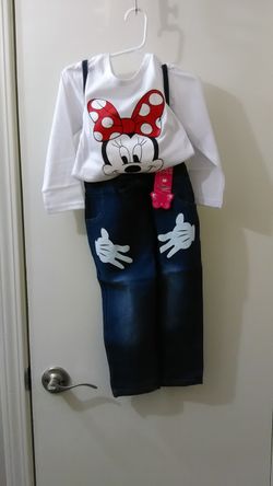 Brand New Still In Package Baby Minnie Mouse To Shirt & Bib Denim Pants Outfit Size 3-4 Years