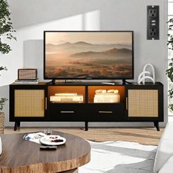 Heyer Large Wood Rattan TV Stand for TVs up to 75" with LED Light and Charging Station, Coastal Media Console Table, Multimedia Storage Furniture with