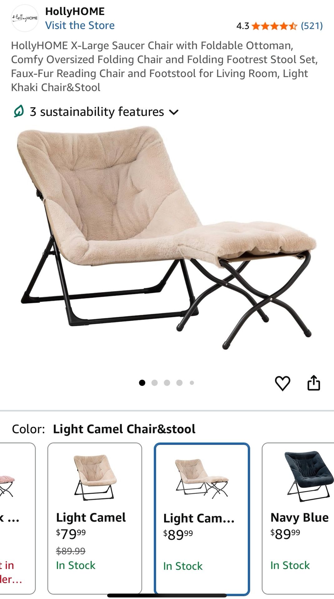 HollyHOME X-Large Saucer Chair with Foldable Ottoman, Comfy Oversized Folding Chair and Folding Footrest Stool Set, Faux-Fur Reading Chair and Footsto