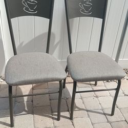 Pair of 2 silver grey coffee back metal restaurant style dining chairs