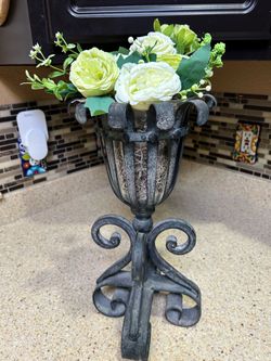 Rustic Cast Iron Urn with Artificial Flowers 20” Tall
