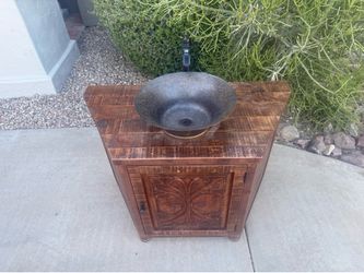 Handcrafted Rustic Bathroom Vanity with Hand-Carved Detail & Copper Vessel Sink