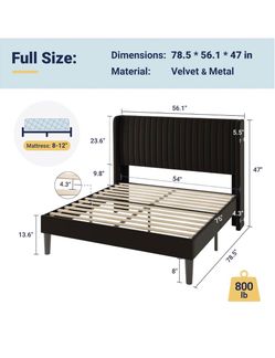 Full Size Velvet Platform Bed Frame with Mattress