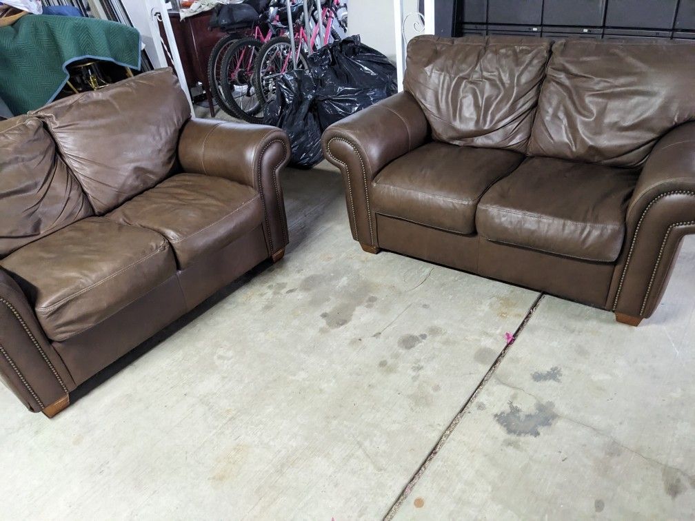 Pair Of Real Leather Brown 5' Loveseats