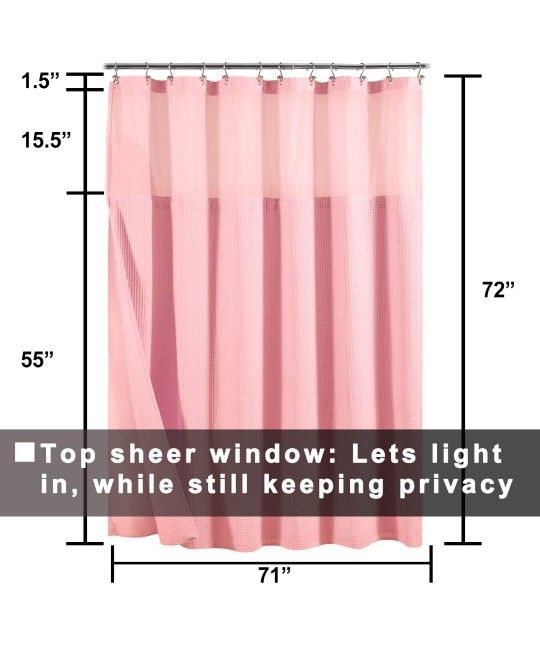 Barossa Design Cotton Blend Waffle Weave Shower Curtain with Snap-in Fabric Liner, Hotel Luxury Spa, Mesh Window Top, Machine Washable, Candy Pink, 71