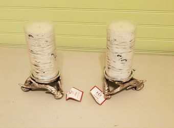 2 silver antler style Christmas candle holders and 2 birch chandles