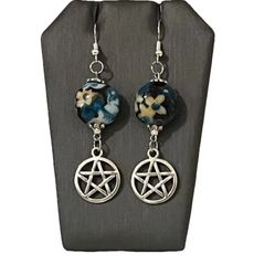 Wicca Pentagram Dangle Earrings Blue Floral Lampwork Glass Bead Goth Pagan Gift