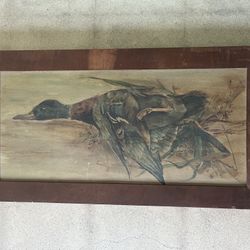 Vintage Mallard Duck Painting Wood Frame 1918