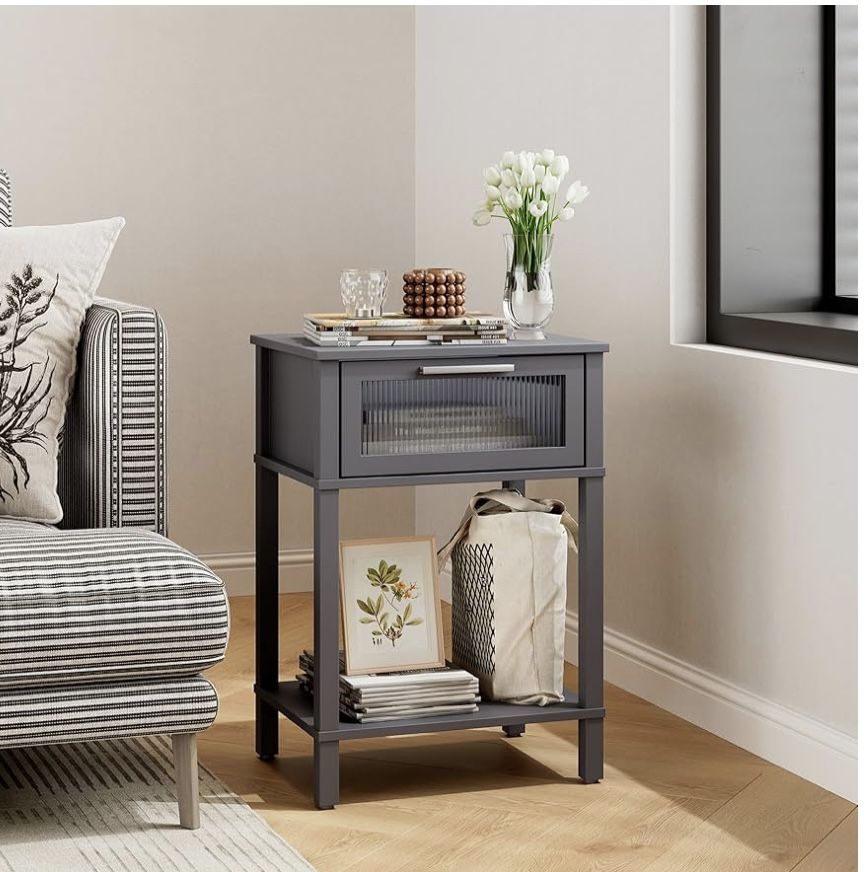 Grey Night Stands Modern Style Small End Table Side Table with Drawer