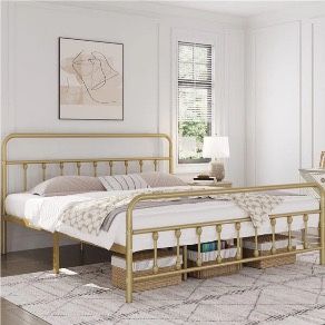 Classic Iron Platform Bed with High Headboard and Footboard, Strong Metal-Framed Bed with Storage