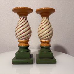 Ceramic Pillar Candle Holders Yellow Ivory Green 