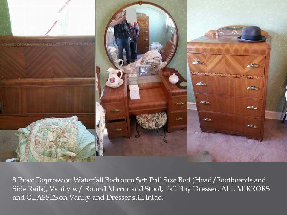 Vintage 1930s Depression Bedroom set: Full Bed, Hogh Boy and Vanity