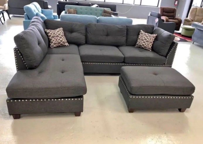 Brand New Grey Linen Sectional Sofa Couch +Ottoman (New In Box)