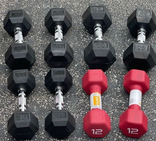 SET OF NEW  RUBBER DUMBBELL WEIGHTS    ***** will sell individually** (PAIRS OF) : 10s. = $35 / 12s. = $45
 / 15s. = $50 /20s = $70 