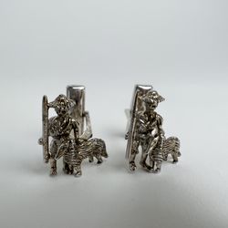 Vintage 1960’s Silver Cuff Links Tom Sawyer Huckleberry Finn With Dog. Signed Sarah Coventry. 