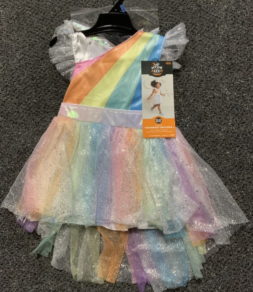 New toddler girl 18/24 month shimmery rainbow unicorn dress and headpiece costume - No Wings 