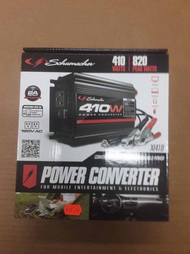 Schumacher Electric DC to AC Power Converter with Two AC Outlets and USB Port, XI41B, 410 Continuous Watt, 820 Peak Watt, 120 Volt AC, 2 Amp USB, Blac