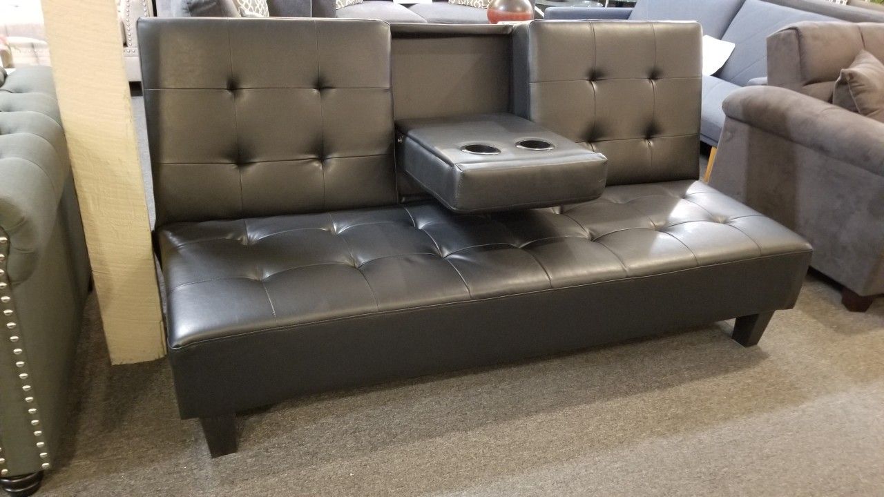 Brand New 79" x 44" Black Faux Leather Sofa Futon With Cup Holder
