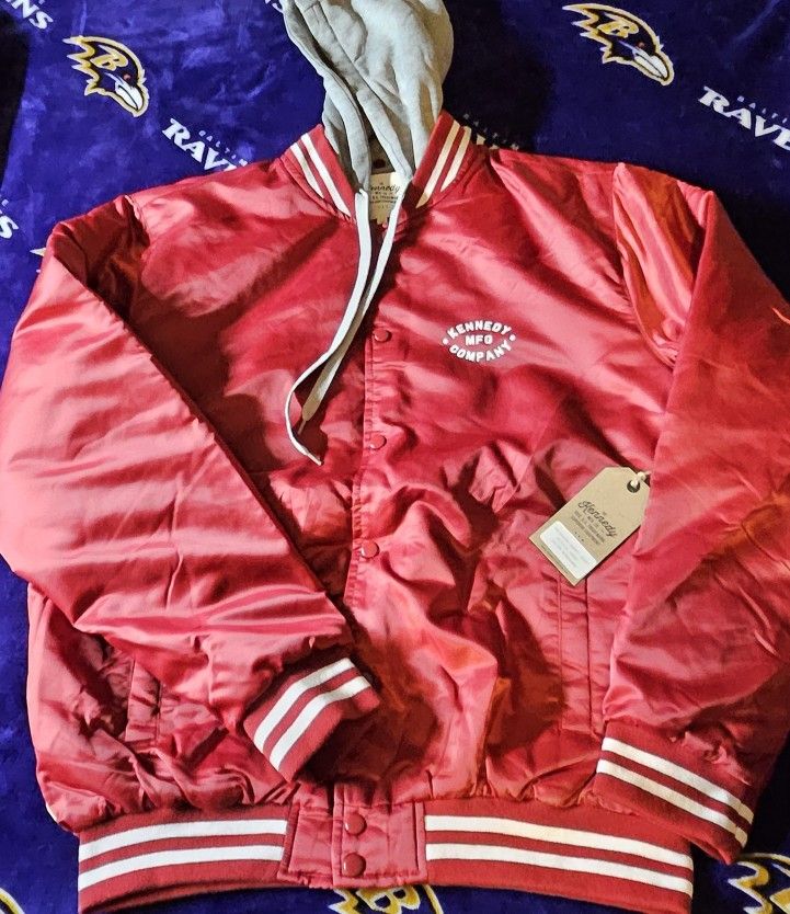 Men's Kennedy MFG Hooded Varsity Jacket Burgundy with removable Grey Hoodie Size L And 2XL