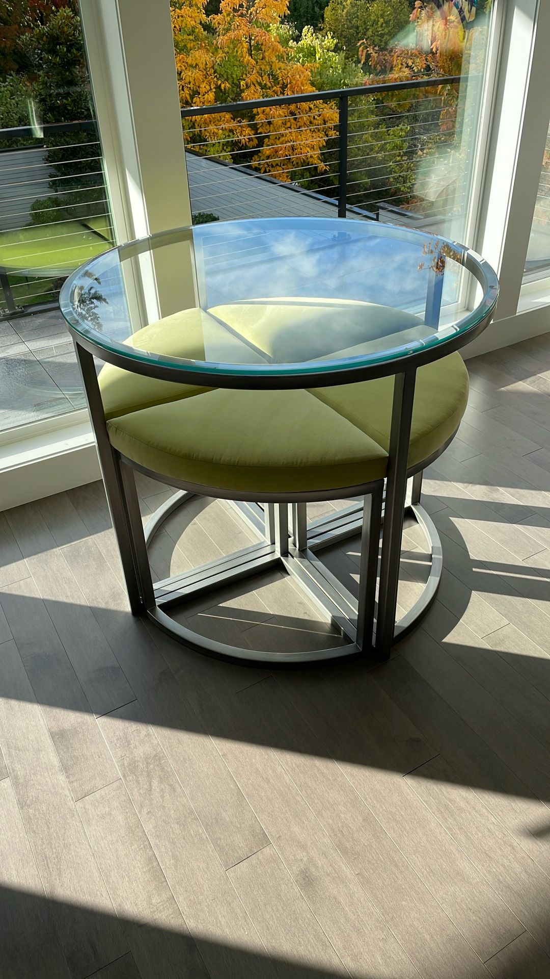 42” Round Glass/Steel Table And Fabric Cushion Stools