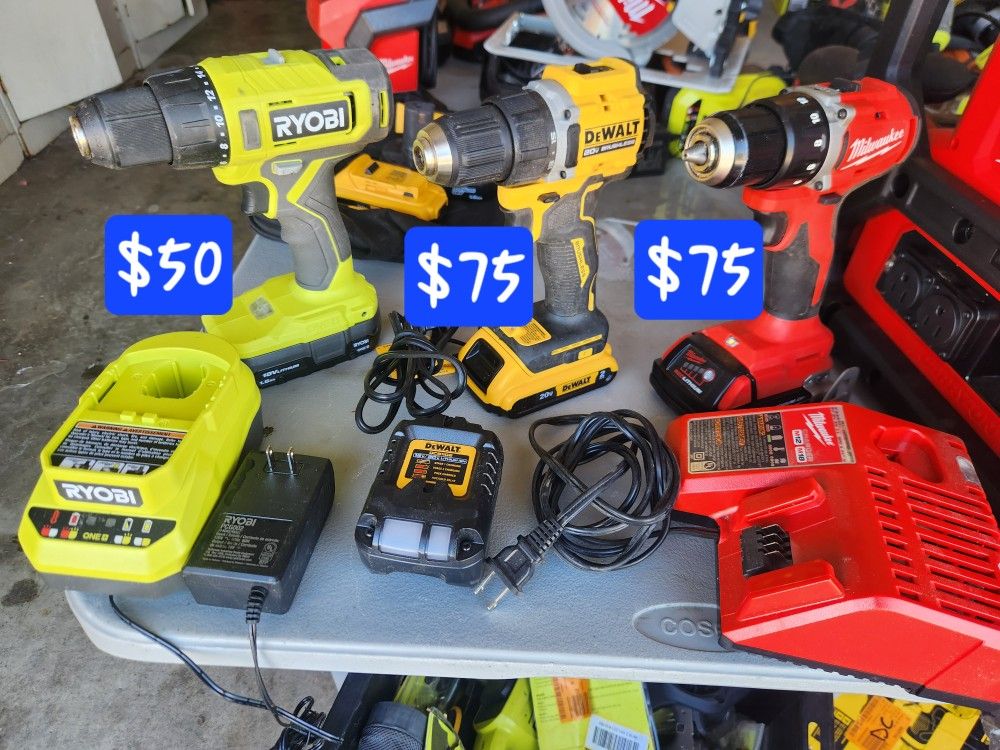 Milwaukee M18, RYOBI 18 OR Dewalt 20v Drill With Charger And One Battery