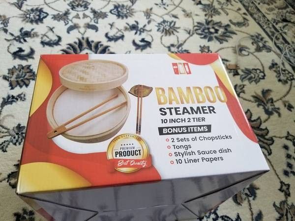 New Sealed Large 10 inch 2 Tier Bamboo Steamer Set w Chopsticks, Liners, Dish, and Tongs